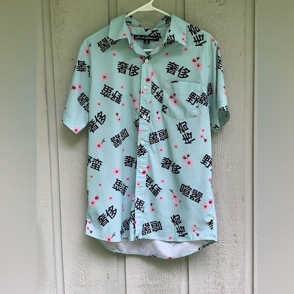 Graphic Just Attitude Cherry Blossom Pastel Blue Button Up Shirt Mens Sz Medium - Picture 1 of 9